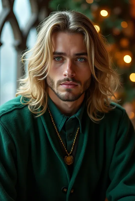 Un homme jeune avec les cheveux long de couleur blond une belle barbe courte, les yeux bleus et vert. Il fait partit de la maison serpentard de Harry Potter. C’est la période de Noël  