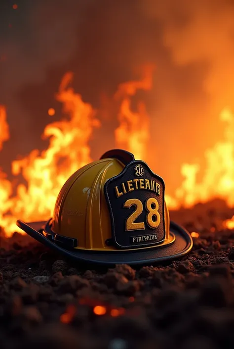 Create a Lieutenant fire helmet and have the number 28 it and have the helmet on the ground surrounded by fire 