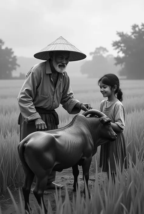 A farmer cooking a roast whole calf in the middle of a rice farm. In black and white. Beside him is his daughter smiling.