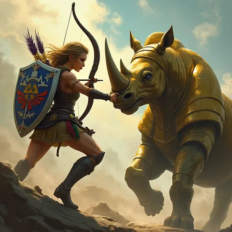  Zelda sexy warrior with her bow and shield written:"V3X " On her shield and on top a raging rhinoceros warrior in gold armour