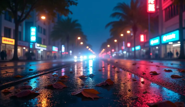 /I Ultra Realistic Photo ， Night view of a bustling city street ， On the ground after the rain, wet fallen leaves are piled up， Cars Flow Continuously ， The street lights emit a dim yellow light ， The store signs are flashing colorful neons ， The texture o...