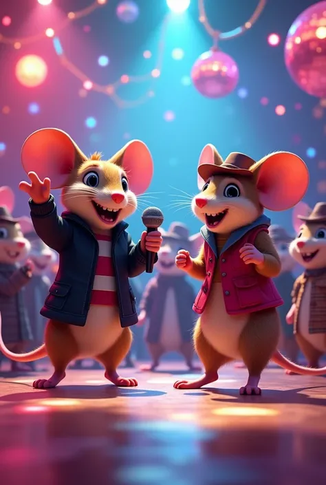 Two digital cartoon mouse standing on a dance floor in front of a disco ball. the mouse on the left is wearing a black jacket and has a big smile on its face. it is holding a microphone in its right hand and appears to be dancing. on the right side of the ...