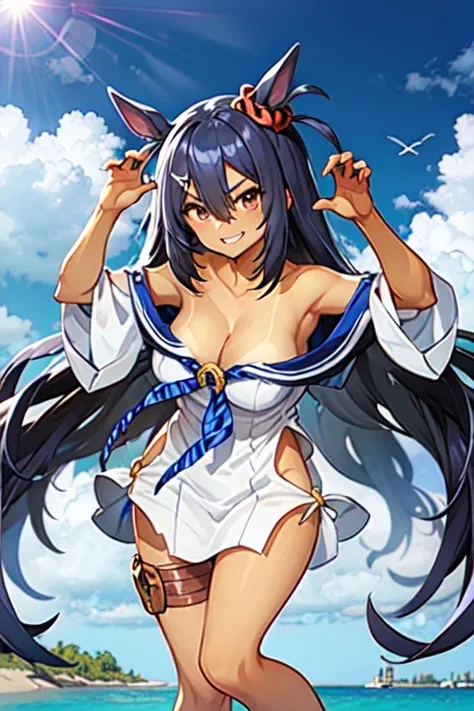 Hishi Amazon、One person、 girl、best quality, blue sky, sailor collar, wide sleeves,  blue neckerchief, white shirt, sailor dress, thigh strap, blue footwear, tanlines, bikini tan, off shoulder, cleavage, bare shoulders,smug,grin