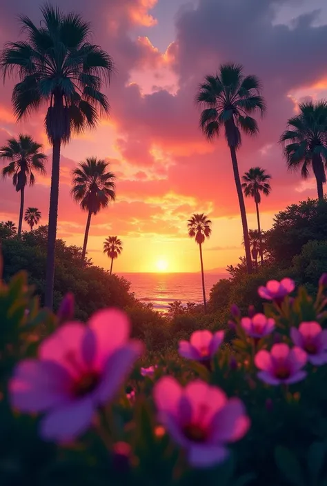 “A dramatic sunset scene with The surroundings feature vibrant greenery, blurred pink and purple flowers in the foreground, and tall palm trees silhouetted against a sky filled with vivid shades of orange, pink, and purple. The atmosphere is tranquil and a...