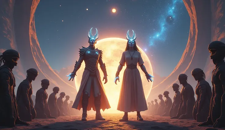 Two human ren standing confidently on an alien planet, surrounded by towering futuristic structures and alien species in awe. The ren, Max and Lena, are holding glowing artifacts, with an epic, cosmic backdrop of stars and distant galaxies. Aliens from var...