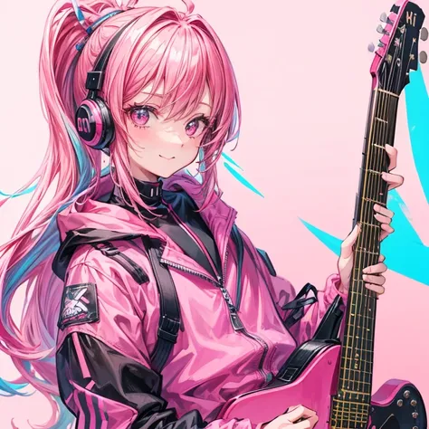 A girl, Pink hair, Pony tail, with headphone,  has a keen eye, smile,  sticking out their tongues , Carrying the guitar upside down, Stick up the middle finger,  rider jacket that carries the guitar backwards, ((8k, masterpiece, high-detailed)):1.3