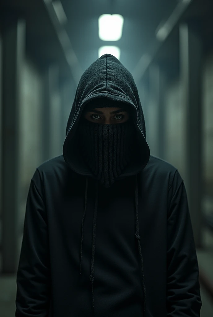 "A lone figure cloaked in black, wearing a hoodie, cap, and a detailed knit face mask, standing in a dimly lit warehouse or urban environment. The focus is on the mans intense, watchful eyes and his silent, enigmatic demeanor."