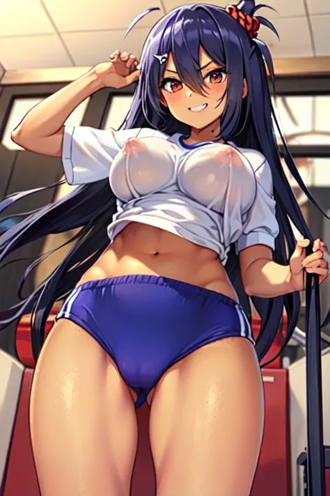 Hishi Amazon、One person、 girl、best quality, smug,grin, (gym uniform,(blue buruma:1.2), (white shirt, short sleeves:1.2), thighs:1.3),(navel:1.3),( cameltoe:1.3),large breasts,(puffy nipples:1.2),