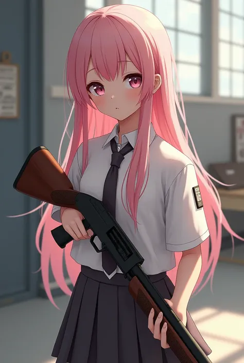 A 17-year-old student studying at Abydos High School little pink haired student longer than his thigh and 1m50 tall cute cute dressed Abydos school student in hand holding a pink and white beretta 1301 shotgun 