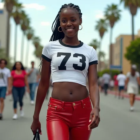 Black woman with her hair in french braid wearing a tight white ringer T shirt with the number 73 black font of the front of the shirt with short sleeves and her belly showing also wearing tight red shiny leather jeans and white sport shoes carrying a purs...