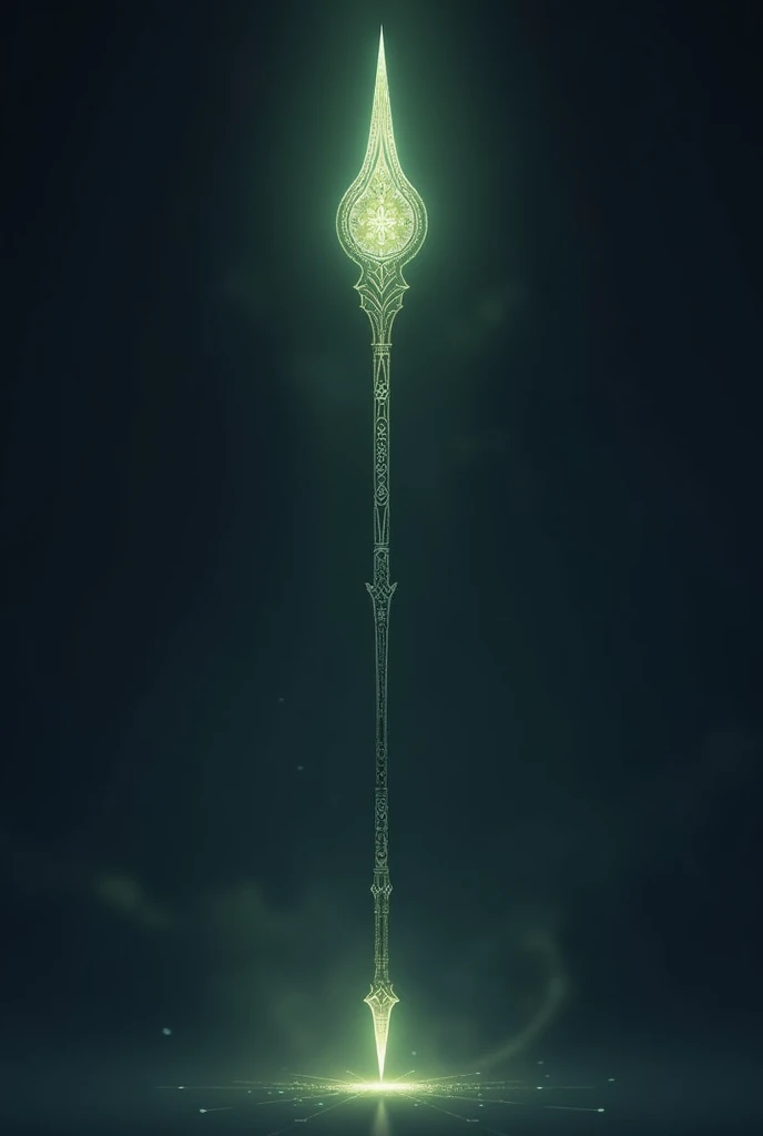 A long magic spear,  adorned with runes, emanating light ,  proportional size, small and thin tip