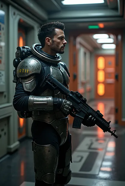 Masterpiece, 8k, a lot of details. 30 year old tough looking mercanery men. He has dark short punk like haircut. Spaceship interior. He is wearing metal combat space suit. He is holding a futuristic rifle. He is standing next to the doors leading to spaces...