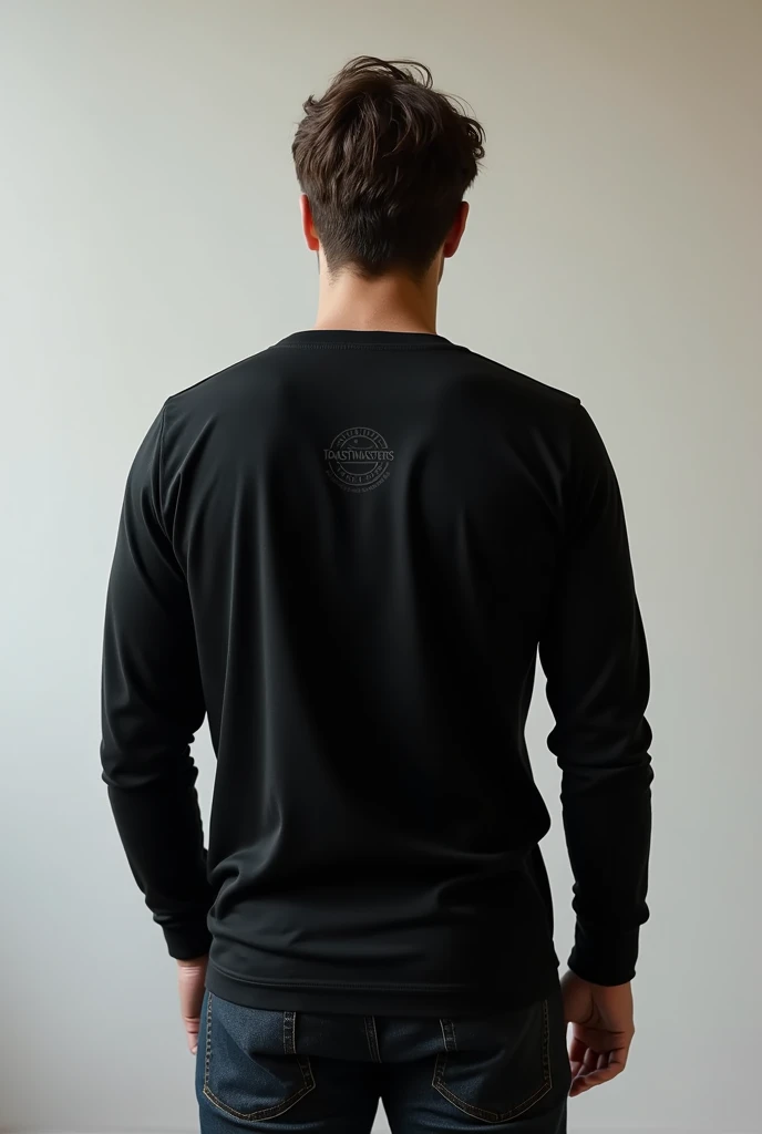 create a cool black long  sleeved toast masters club tshirt showing its logogo also show the front and back of the tshirt