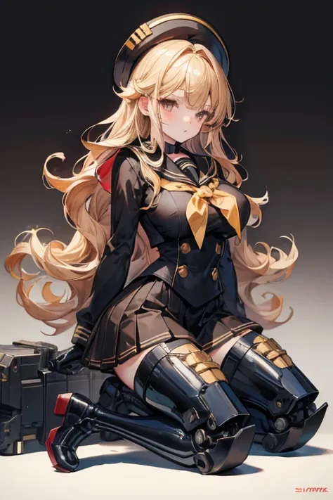 Curly blonde hair, brown eyes, black sailor uniform, stocking, boots, kneeling, large breasts, mechanical parts