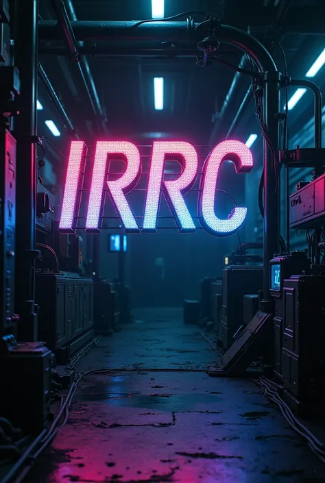 Logo IRRC ditulis dengan style font cyber rog punk futuristic, style japan cyber punk, style mechanical, warna kombinasi fluoresen dan dark