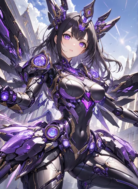 (Mind control), ( hypnotic state , ringed eyes, Lavender eyes), (masterpiece:1.2), (最 High Quality :1.2),  perfect eyes,  perfect face, perfect lighting, 1 mature queen android with mecha wings, Ultra high performance android,   beautiful, Midea,   Details...