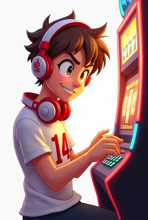  2D male animated character boy with brown hair, challenge face ,  white t-shirt with the number 14 , short hair and red and white headphones playing casino slots on white background