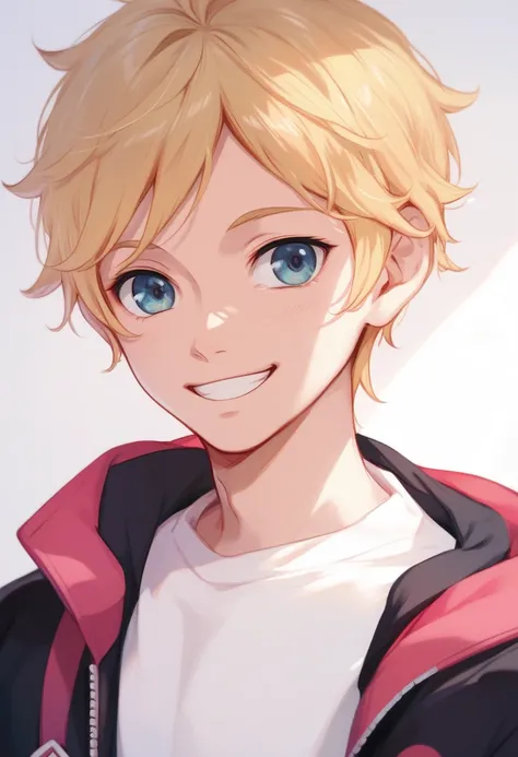 Boruto,boy,,solo,cute,blonde hair,spicky short hair,white shirt,black jacket with pink linning,smiling,cute,boruto uzumaki