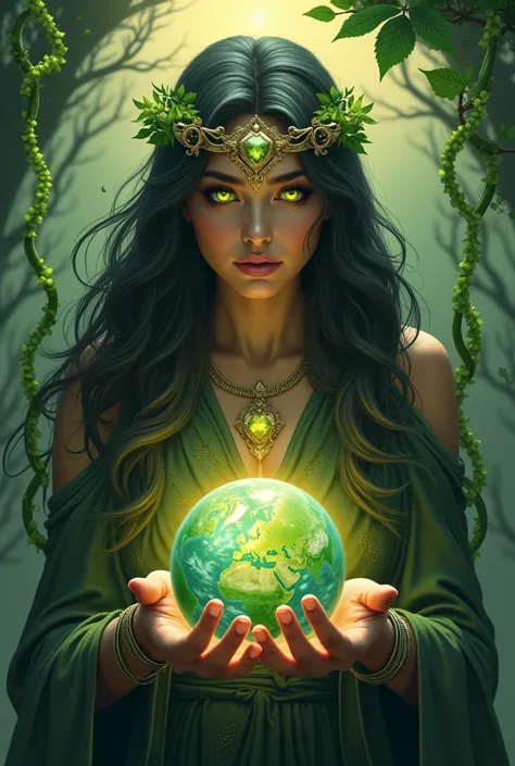 Gaia Greek goddess ,she is wearing a diamond crown and there are plant vines coming out of her hands to the earth,she has long black hair dipped in green,she has glowing gold eyes 