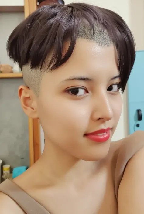 woman using hair clipper to shave her head bald, looking at viewer