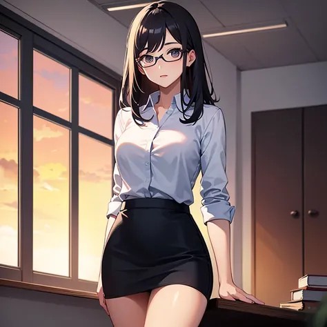 office lady, desk, beautiful tall girl, cute eye, glasses, sunset, short skirt, best quality, high texture, masterpiece
