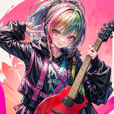 A girl, Ccolorful hair, Pony tail, with headphone, snake Eyes, smile, ((stick out ones tongue)), ((Push your middle finger up)), ((Carrying the guitar backwards)), Stick up the middle finger, rider jacket, ((8k, masterpiece, high-detailed)):1.3