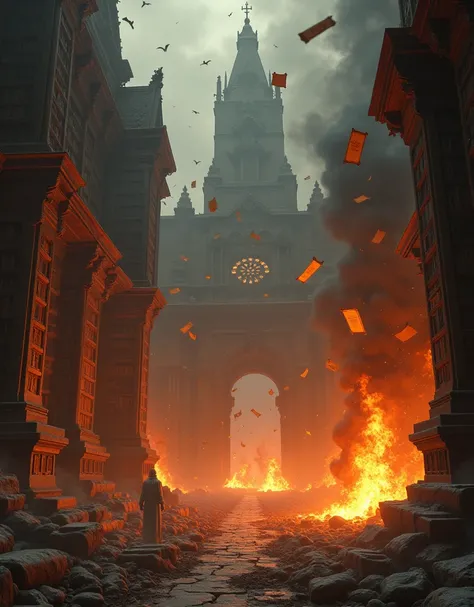 A dramatic scene of an ancient library engulfed in flames. Scrolls are floating in the air, disintegrating into ash. The atmosphere is dark and smoky, with an aura of mystery
