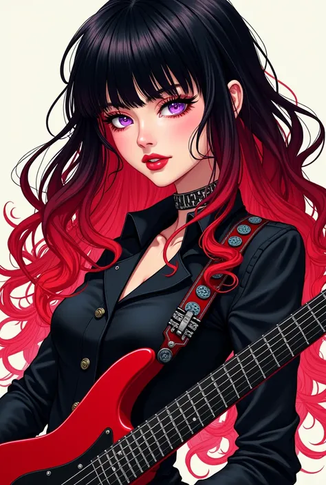 Sketch me a manhwa female character,have long red rock curly hair mix with rooted black hair curly with straight hime bangs.violet siren eyes with eyeliner long eyelashes,wearing rock black and red outfit,pink color lip,playing rock guitar red and black co...