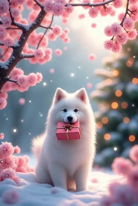 Cherry blossoms in full bloom　 Christmas tree　 Illuminations　A white Samoyed dog is holding a present