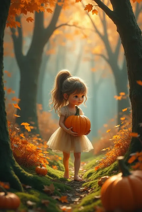 a  girl walks with a pumpkin in the forest