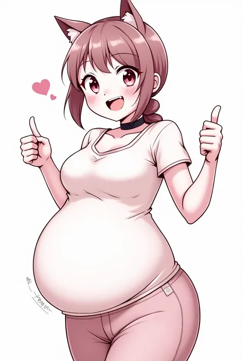 (Bloated belly:1.1)highres, ashleygraves, 1girl, solo, wide open eyes, pink eyes, low ponytail, white outline, monochrome, choker, indoors, smile, looking at viewer, <3, cat ears, full body, thumb up, one hand, spoken heart