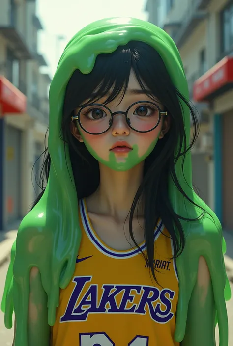 Long-haired Hong Kong girl wearing glasses wearing a Lakers vest basketball jersey is swallowed whole by Slime,Very itchy
