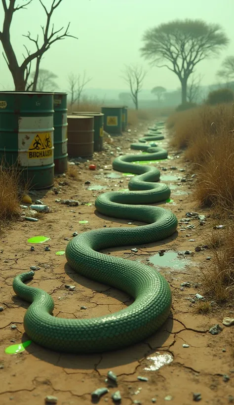 A large snake slithers elegantly in the middle of a dry, polluted savanna, surrounded by piles of rubbish and rusty metal drums marked with biohazard logos. The snakes scales glistened in the hot sunlight, standing out against the damaged environment. The ...