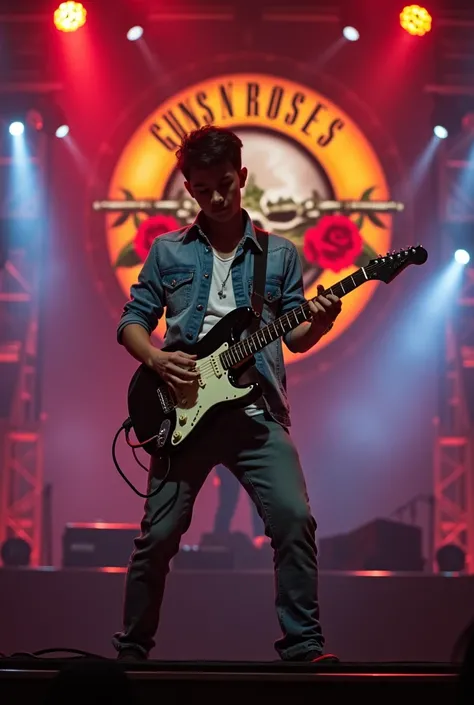 A young Indonesian man at a concert playing a Gibson guitar with the GNR band on a pangung, illuminated by the lights of the concert stage with the Guns N Roses logo 