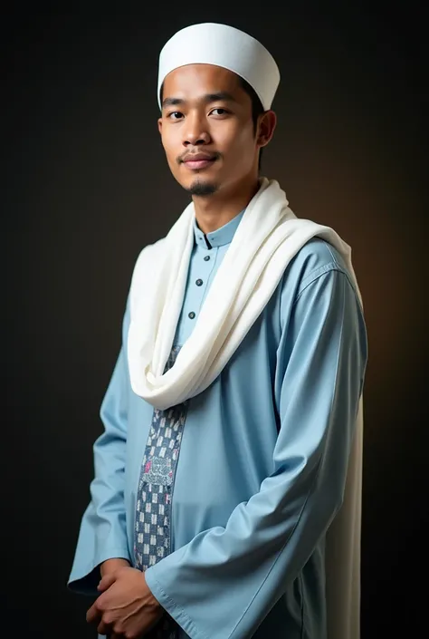 Photo of a young man wearing traditional Islamic clothing. He wore a light blue tunic-style shirt (baju koko) with button details, a white scarf (turban) draped over his shoulders, a white peci (peci), and a blue checkered sarong with white and red stripes...