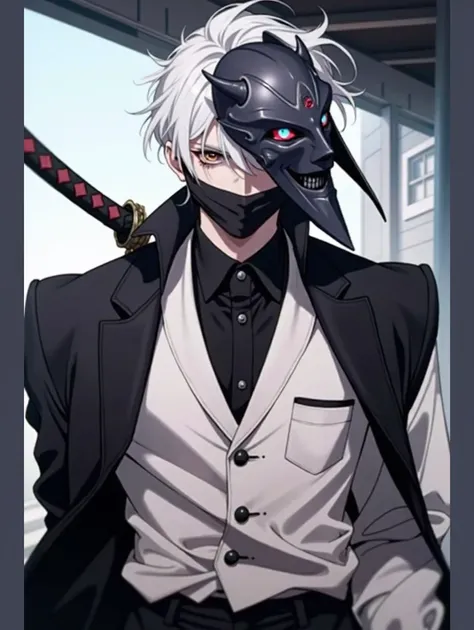 A boy with black white hair wearing a suit with a katana
And wearing a evil black mask