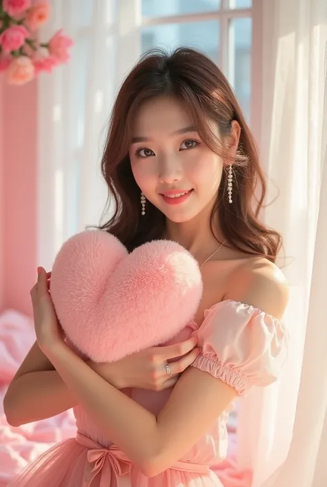 Kpop girl, 1 member, cute concept, korean, kpop, heart plushie, photoshoot, light