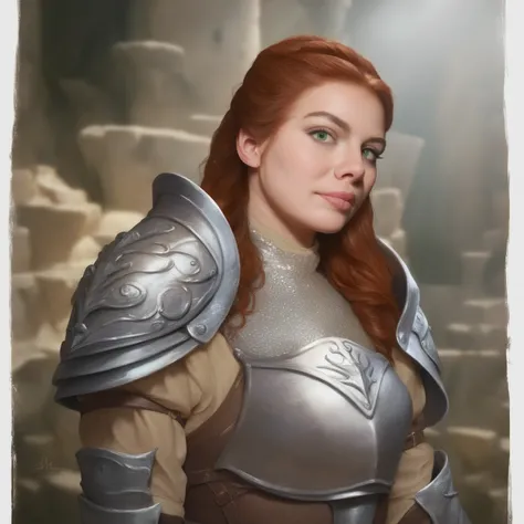 Portrait of a dwarven female warrior, front view, (medium shot:1.3), one person standing, short and athletic build, long auburn hair
BREAK
green eyes
BREAK
light skin
BREAK
wearing fantasy world costume of tan clothing and chainmail armor, realistic backgr...