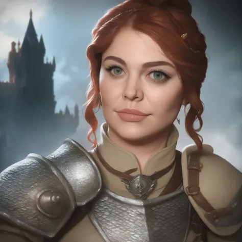 Portrait of a dwarven female warrior, front view, (medium shot:1.3), one person standing, short and athletic build, long auburn hair
BREAK
green eyes
BREAK
light skin
BREAK
wearing fantasy world costume of tan clothing and chainmail armor, realistic backgr...