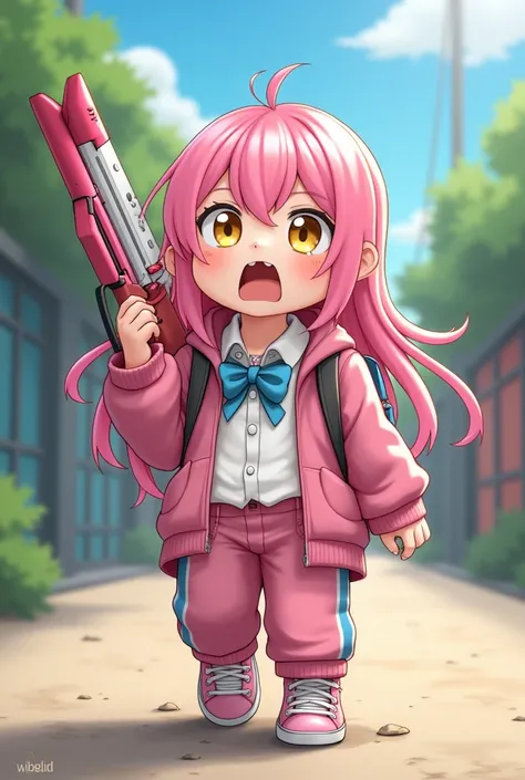 A  old student studying at Abydos High School baby boy with long pink hair ,  has yellow eyes on the right and blue left eye and is walking and yawning and is 1m50 cute cute dressed Abydos school student wearing pink and white beretta 1301 shotgun 