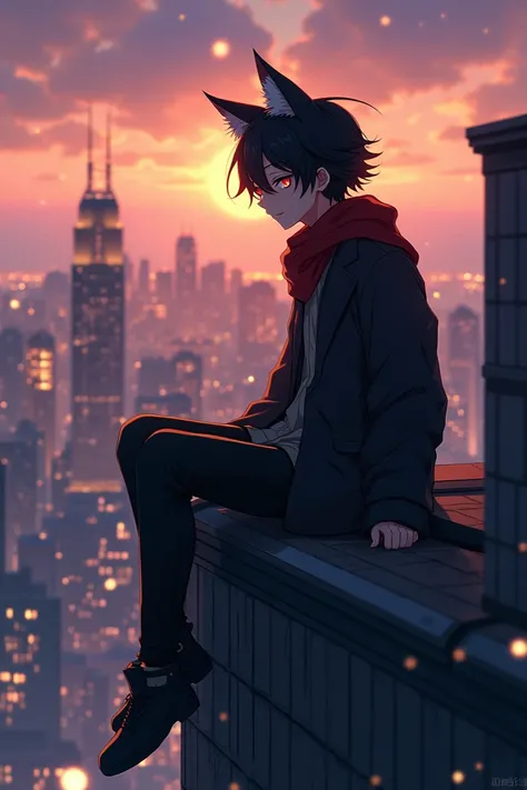 Anime man. What have cat ears, tail, fangs, red scarf and black hair sitting on top of the building and looking at evening city