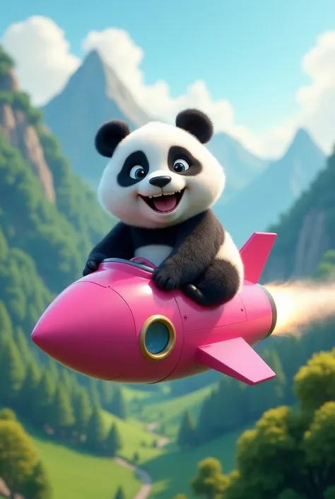 This is a highly detailed CGI illustration depicting a cheerful panda riding a futuristic rocket. The panda, with its distinctive black and white fur, is sitting comfortably on the rocket, which is shaped like a sleek, shiny, and vibrant pink spaceship wit...