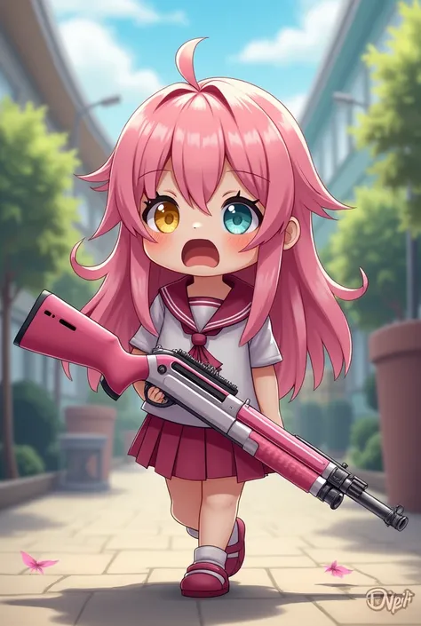 A  old student studying at Abydos High School baby boy with long pink hair ,  has yellow eyes on the right and blue left eye and is walking and yawning and is 1m50 cute cute dressed Abydos school student wearing pink and white beretta 1301 shotgun 