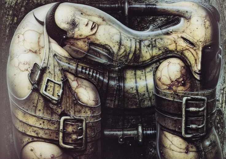 gigerart, a piece of art by HR Giger. The artwork depicts a humanoid figures of a balds , wearing a headband screwed into its skull. and various straps that bind its body. Its body melds into the background which is a snake of pipes and cables. The figure ...