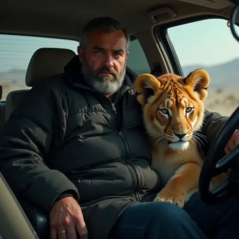 Syrian fatty adult soldier wearing black jacket sitting in the car with his big lion cub 