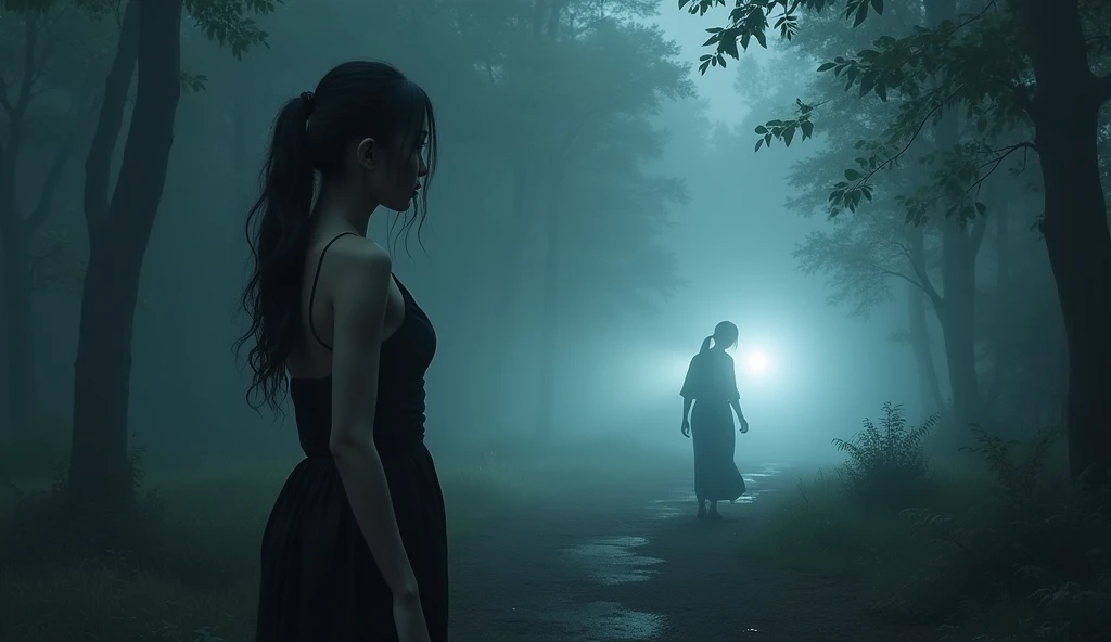 Draw in a traditional Thai style. "Dao" is dressed as before, her body slightly tense as she looks over her shoulder with widened eyes and parted lips, as if startled by an unseen presence. Her flashlight shines ahead, cutting through the fog. The backgrou...