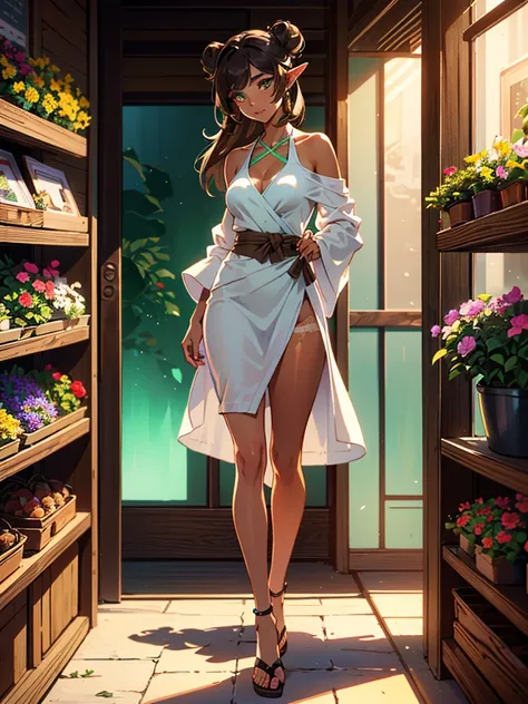 masterpiece, high quality, illustration, extremely detailed, cg unity 8k, ((summer: 1.4)), ((2 women)), standing, hugging, (full body), (tan exotic skin_complexion:1.4), mature, statuesque, beautiful, exotic, with long elf ears, smiling, (((looking away fr...