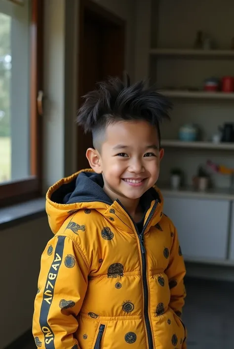 Foto realistis seorang adek laki laki umur 8 tahun gaya rambut pendek keren undercut pakai jaket warna hitam bertuliskan nama Abidzar gaya grafiti gaya huruf keren sedang berpose sambil memegang bayi naga latar belakang dinding rumah