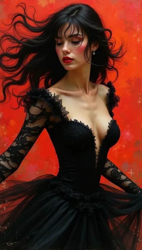 tempera, victorian style, bright passionate brunette, black lace, close-up, movement, dynamics, josef kote style