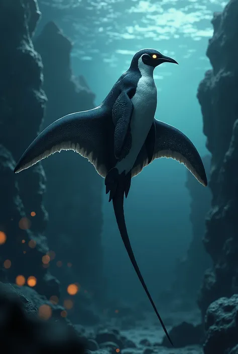 A hybrid creature blending a penguin and a stingray, with sleek black and white patterns. It has sharp, glowing eyes and an elongated, shadowy body. Its wings ripple like dark velvet in the water, surrounded by a gloomy underwater world with jagged iceberg...